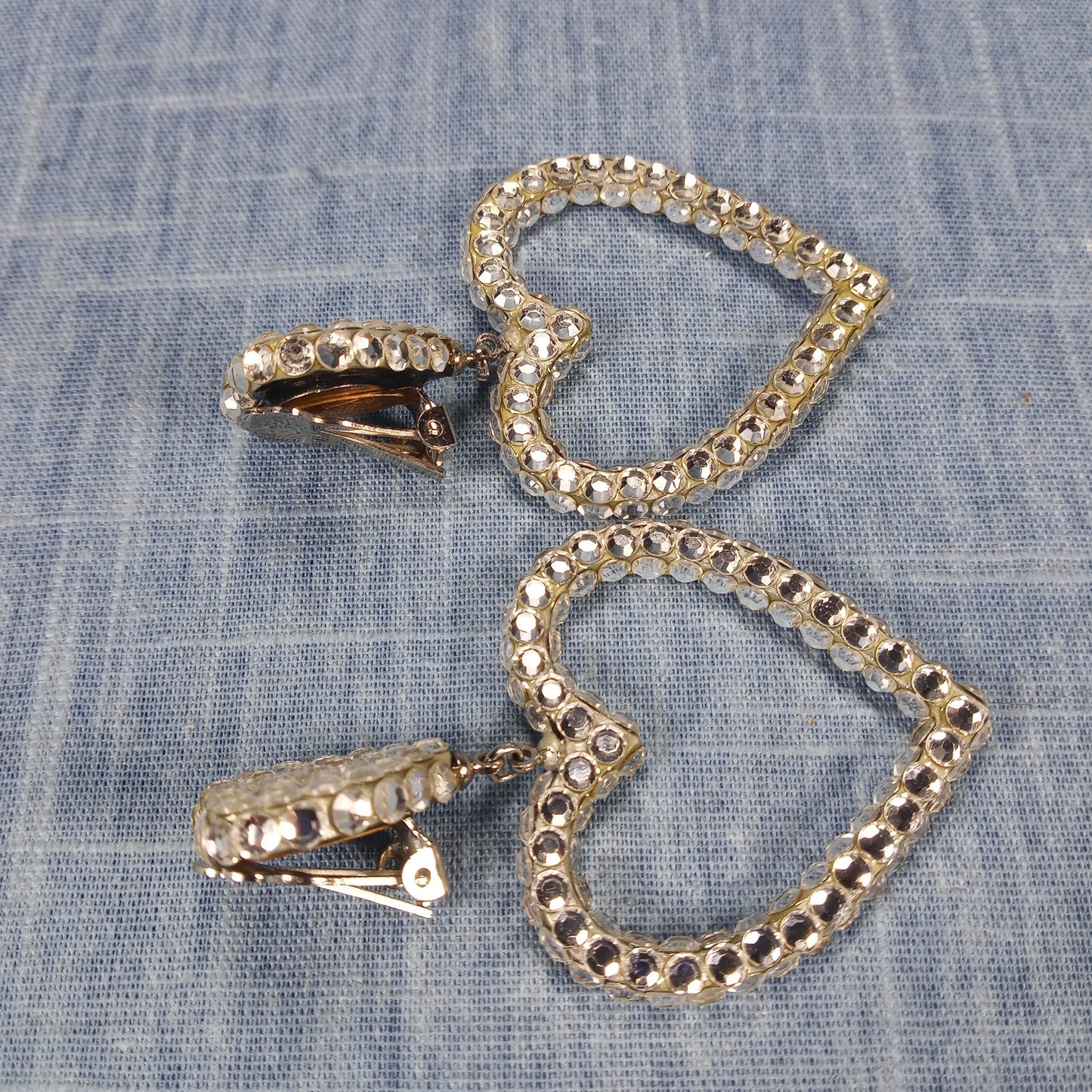 1990s Vintage Clip Earrings in a Heart Design with Clear Rhinestones