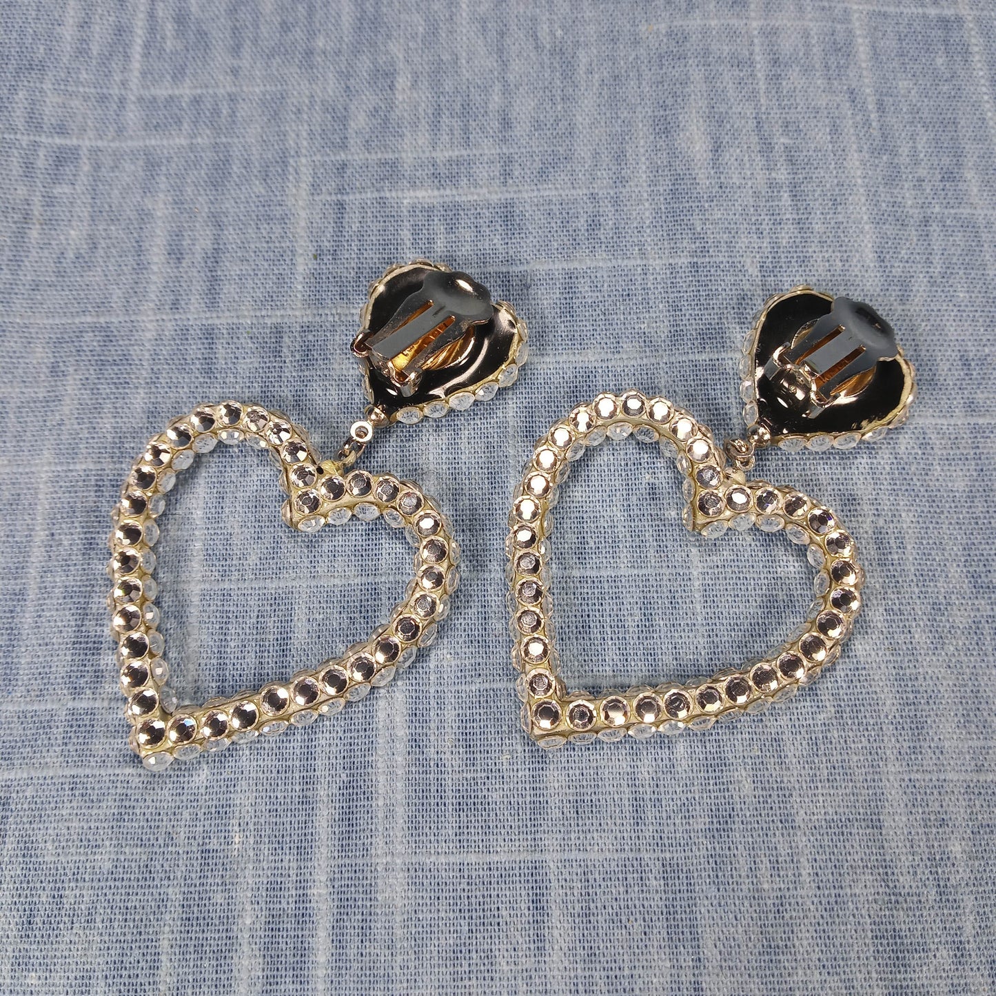 1990s Vintage Clip Earrings in a Heart Design with Clear Rhinestones