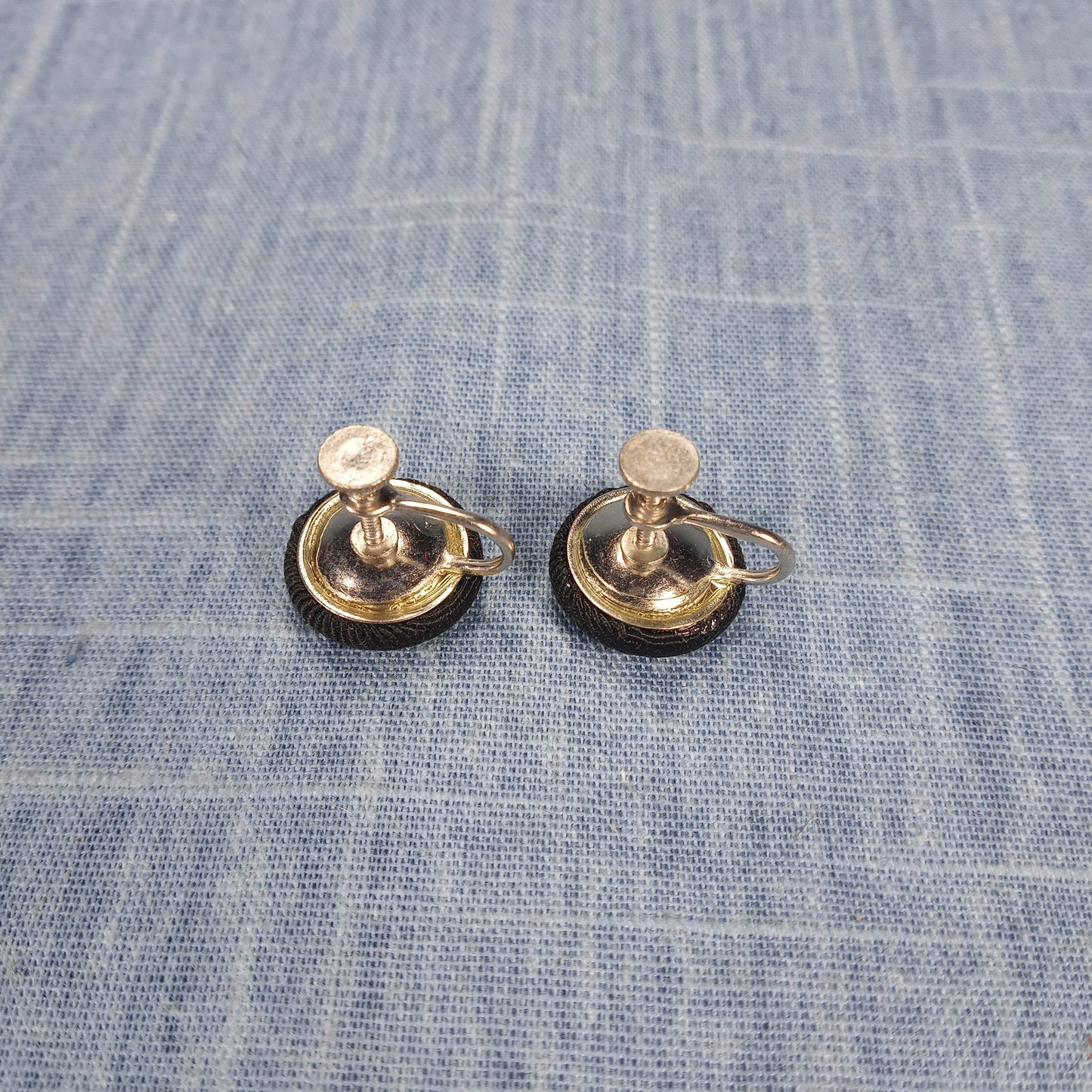 1940s Vintage Screw Back Button Earrings with Black Grosgrain