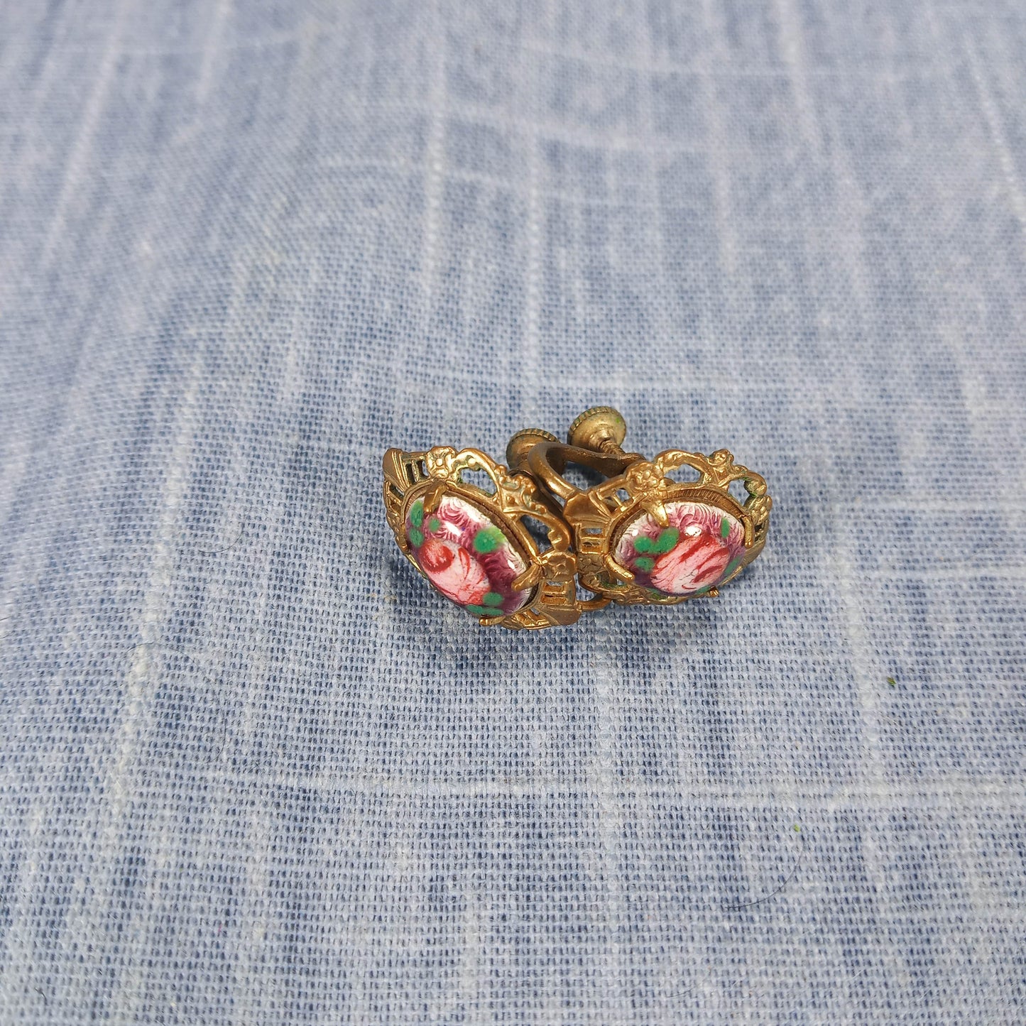1950s Vintage Screw Back Earrings with a Painted Rose Design on Filigree