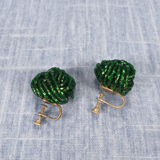 1960s Vintage Screw Back Earrings with Braided Green Mini Bead Cords