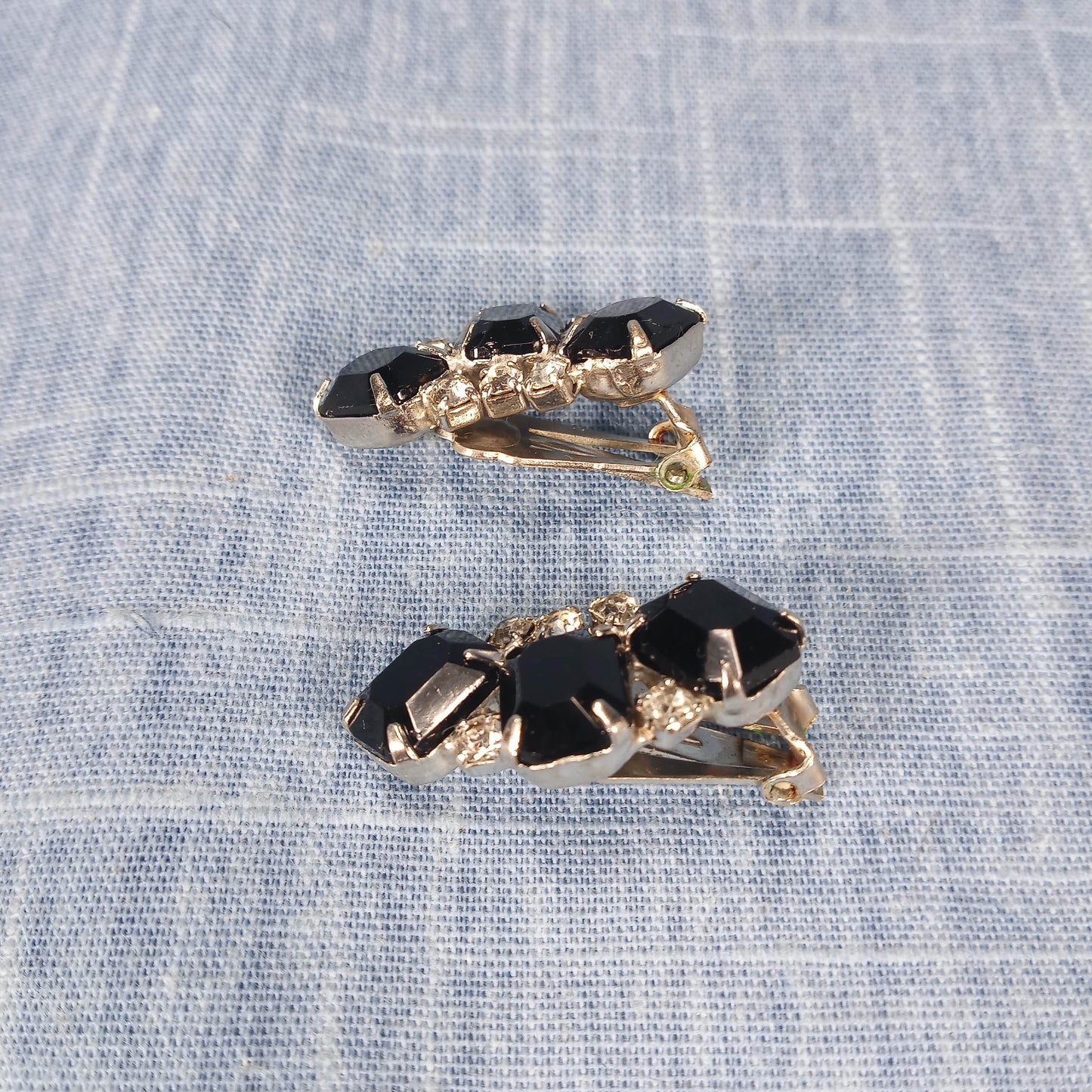 1950s Vintage Clip Earrings: Crescent Shaped with Black and Clear Rhinestones