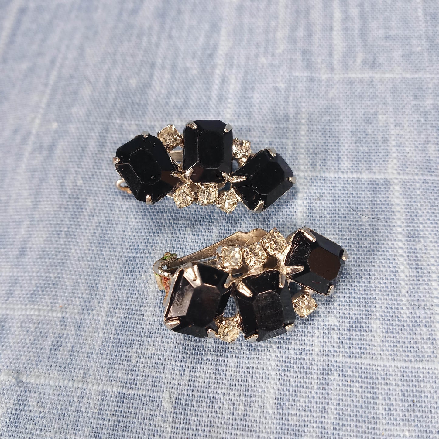1950s Vintage Clip Earrings: Crescent Shaped with Black and Clear Rhinestones