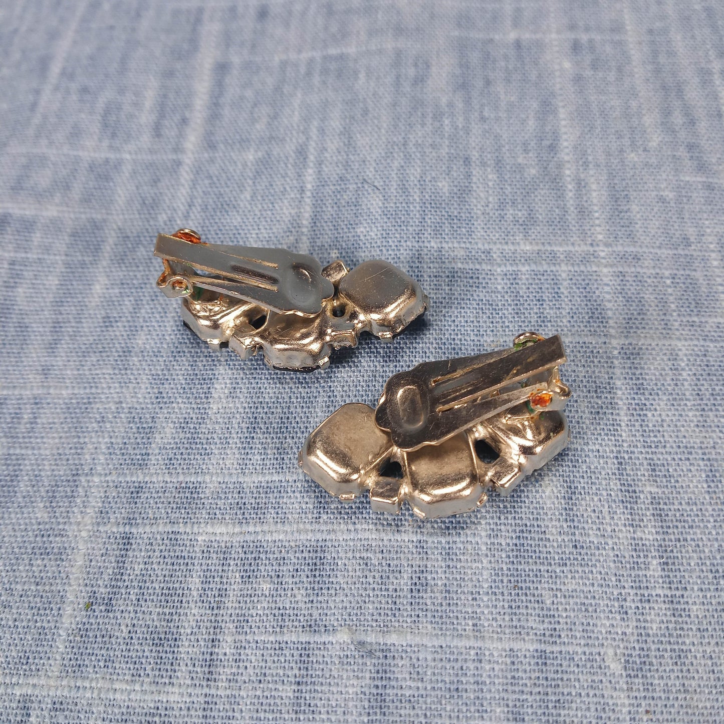1950s Vintage Clip Earrings: Crescent Shaped with Black and Clear Rhinestones