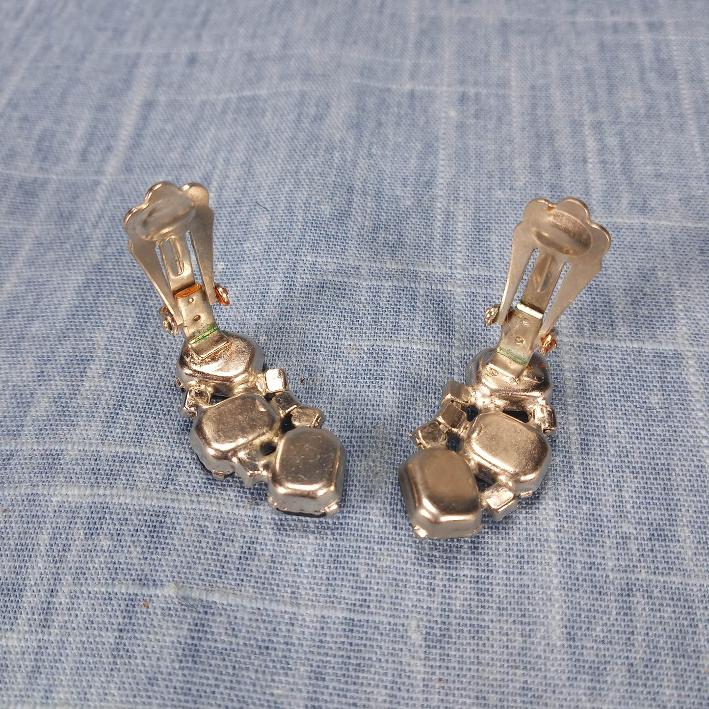 1950s Vintage Clip Earrings: Crescent Shaped with Black and Clear Rhinestones