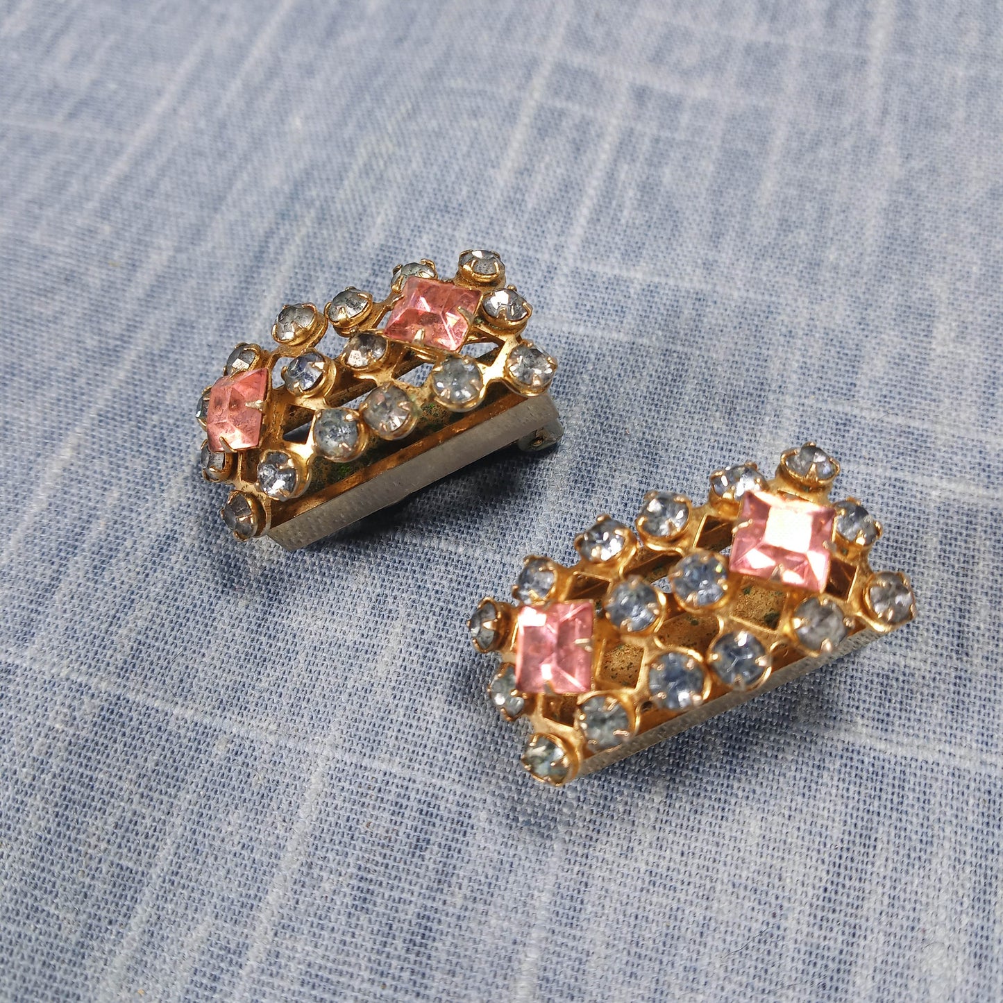 1960s Vintage Clip Earrings with Pink and Light Blue Rhinestones in a Box Shape