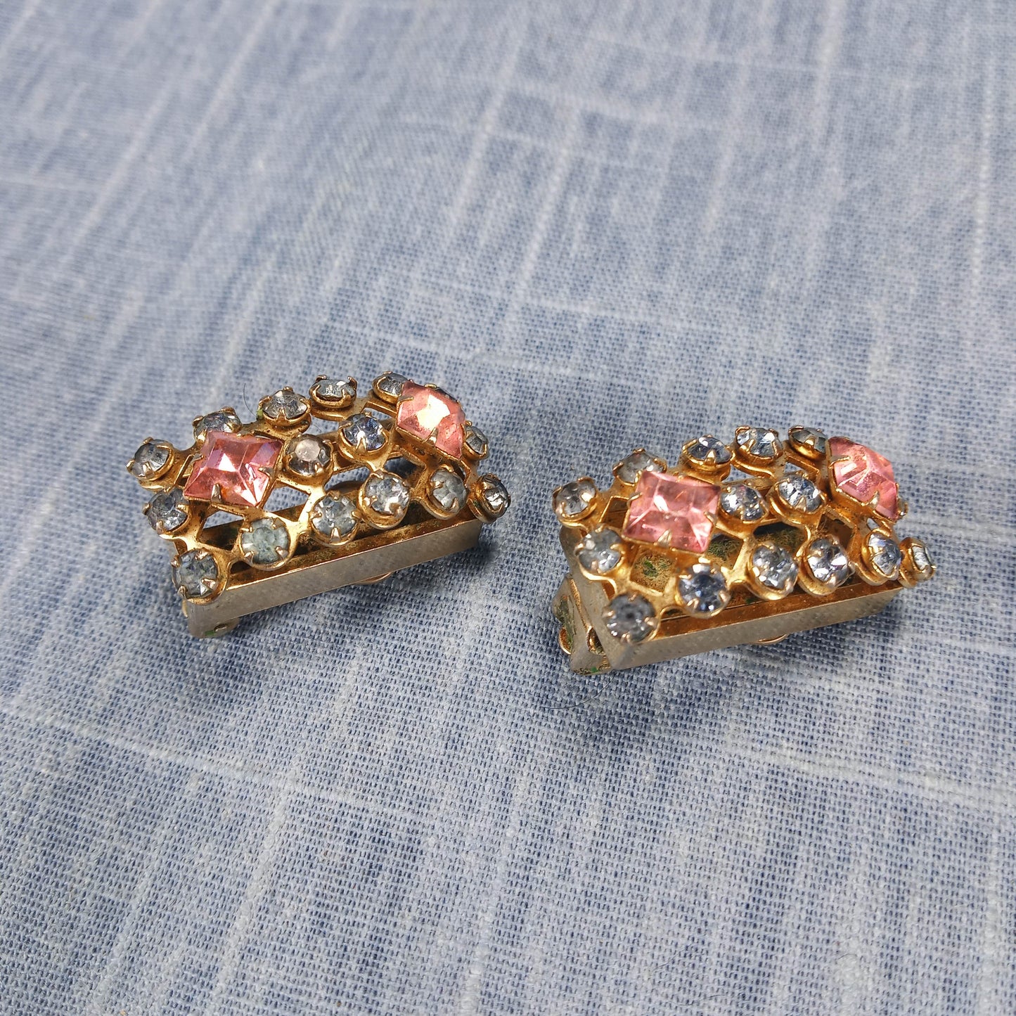 1960s Vintage Clip Earrings with Pink and Light Blue Rhinestones in a Box Shape