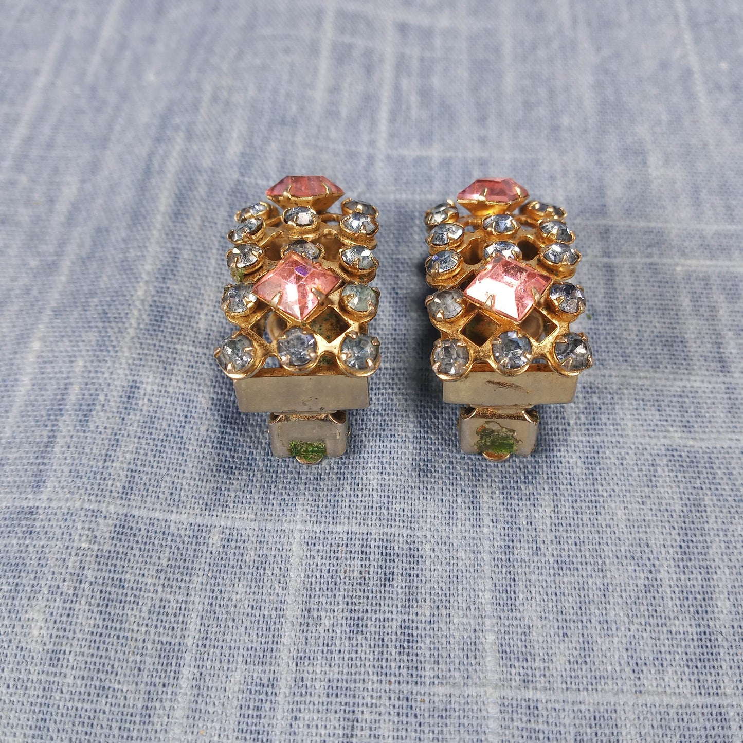 1960s Vintage Clip Earrings with Pink and Light Blue Rhinestones in a Box Shape