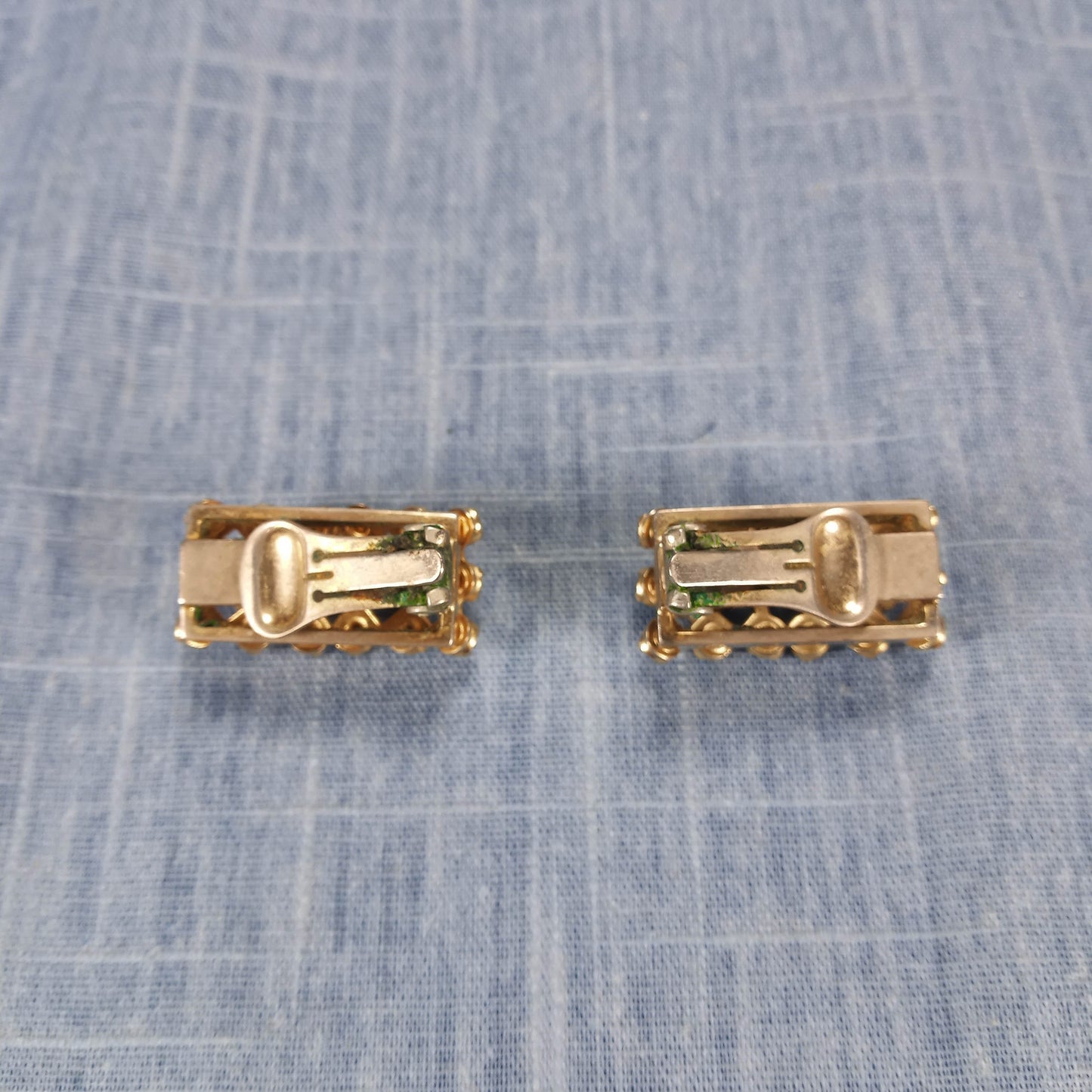 1960s Vintage Clip Earrings with Pink and Light Blue Rhinestones in a Box Shape