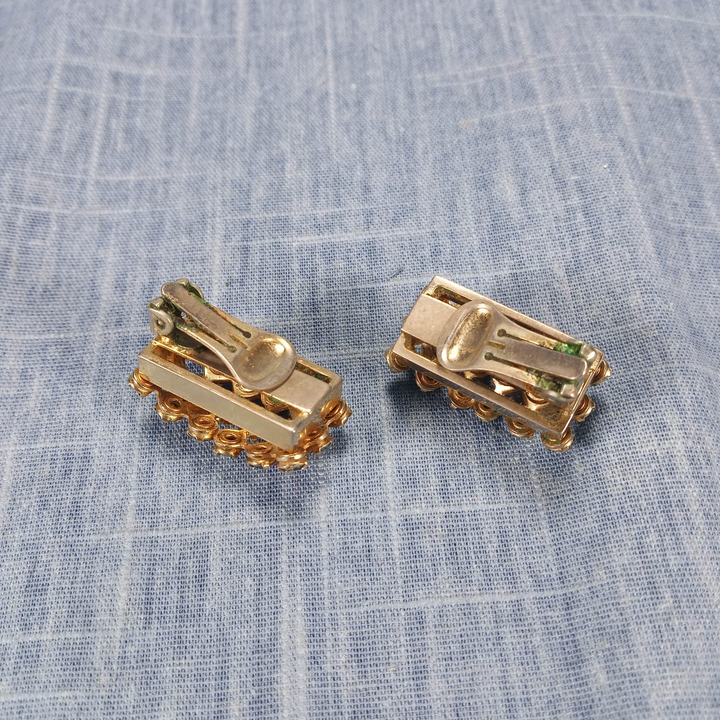 1960s Vintage Clip Earrings with Pink and Light Blue Rhinestones in a Box Shape
