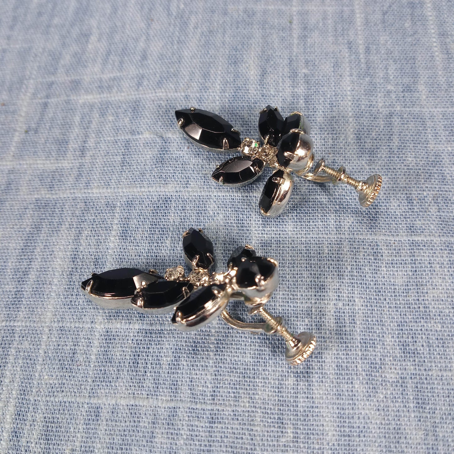 1960s Vintage Screw Back Dangle Earrings with Black and Clear Rhinestones