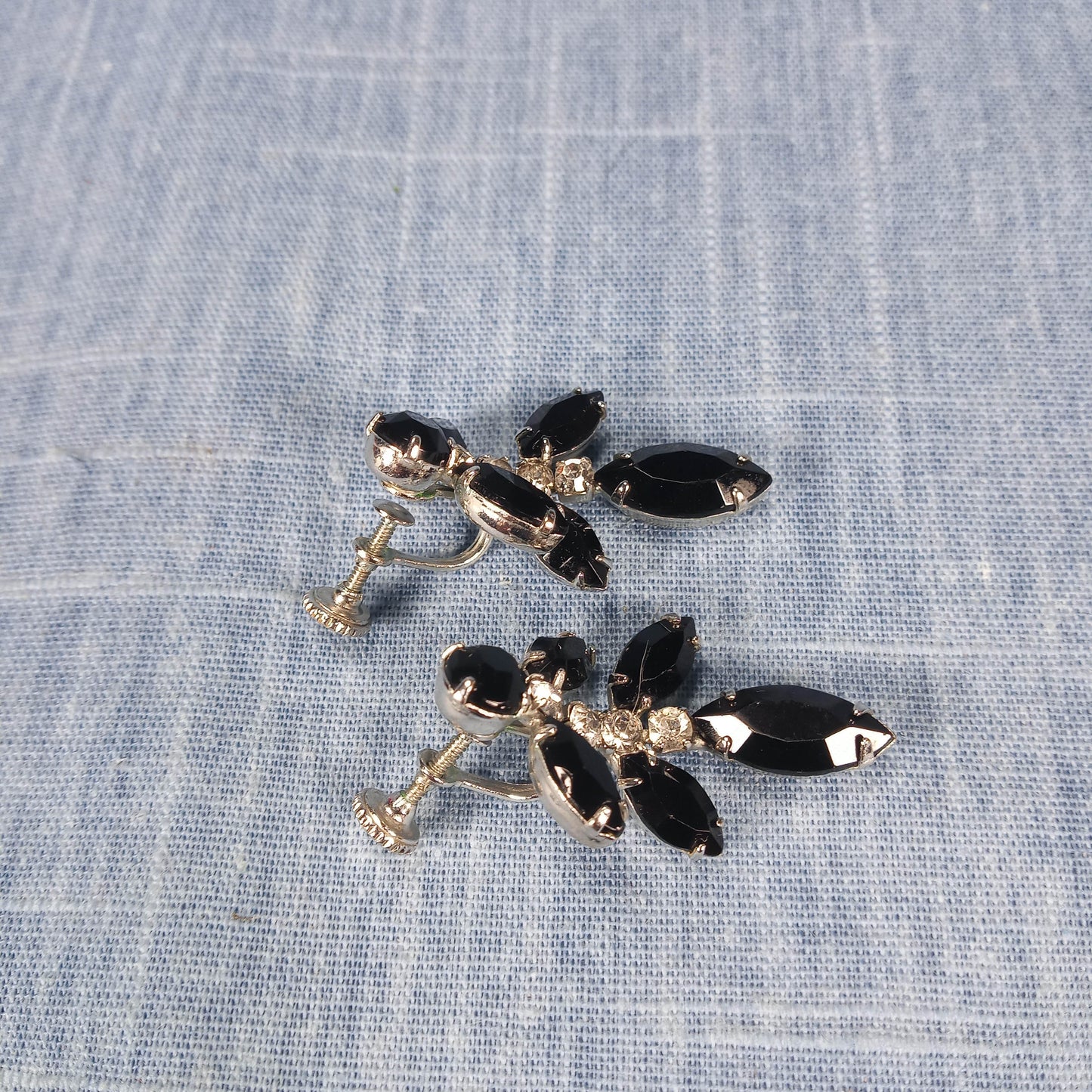 1960s Vintage Screw Back Dangle Earrings with Black and Clear Rhinestones