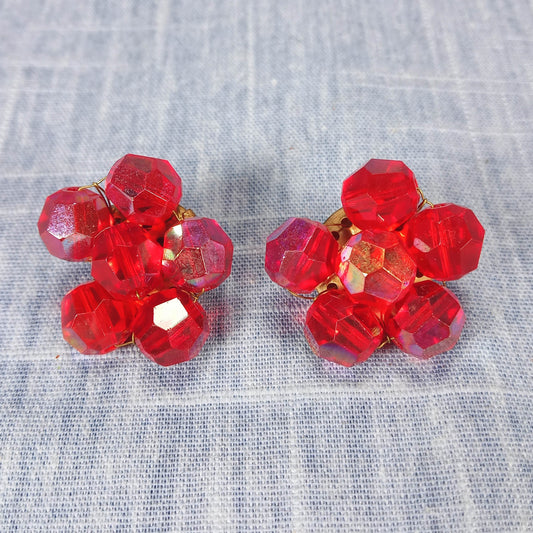 1950s Vintage Clip Earrings with Cherry Red Beads in a Flower Shape