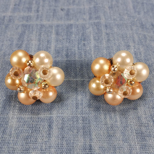 1950s Vintage Clip Earrings with Pearl Beads and a Center Rhinestone from Japan