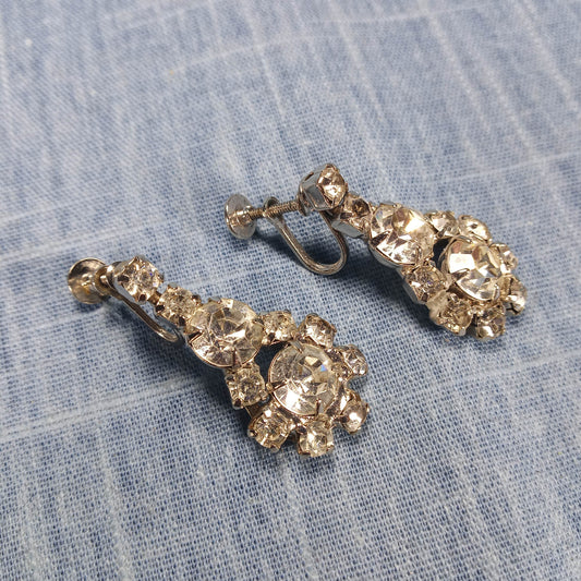 1960s Vintage Screw Back Dangle Earrings with Clear Rhinestones