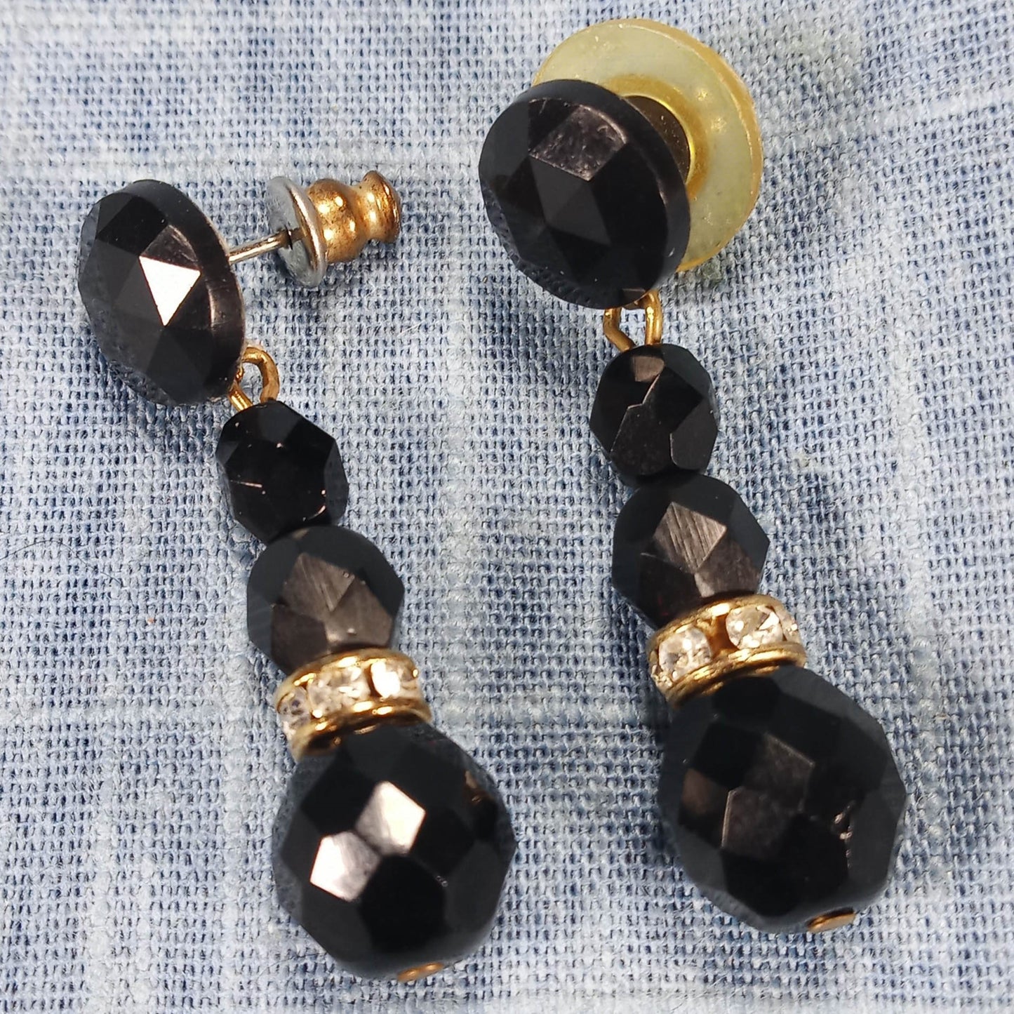 1970s Vintage Dangle Earrings with Black Beads and Clear Rhinestones