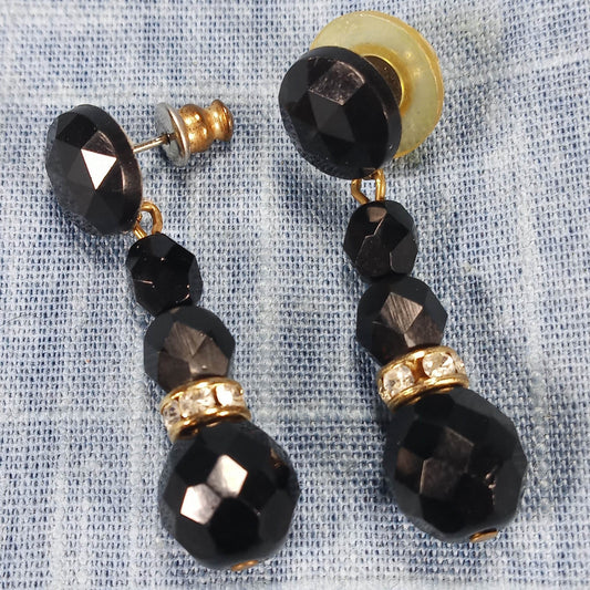 1970s Vintage Dangle Earrings with Black Beads and Clear Rhinestones