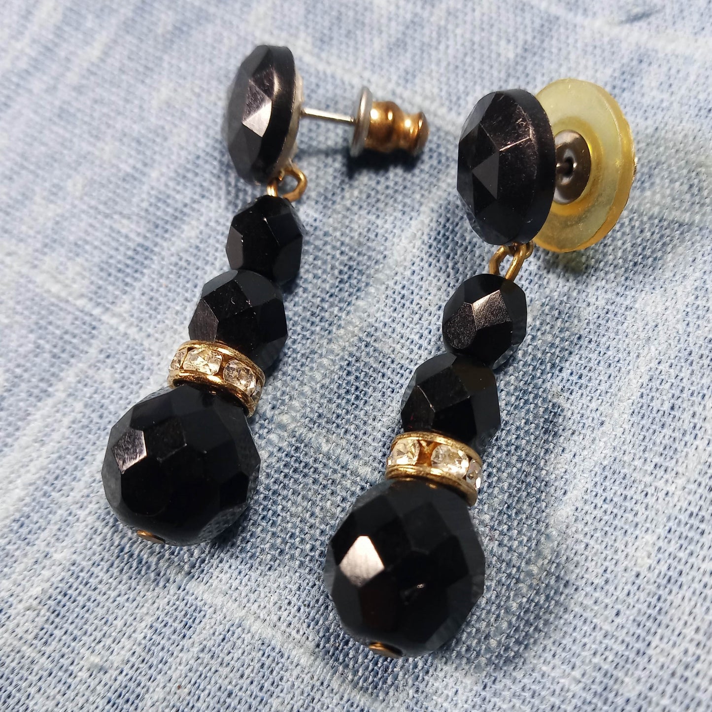 1970s Vintage Dangle Earrings with Black Beads and Clear Rhinestones