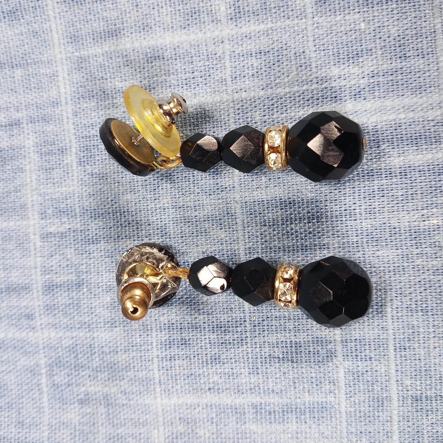 1970s Vintage Dangle Earrings with Black Beads and Clear Rhinestones