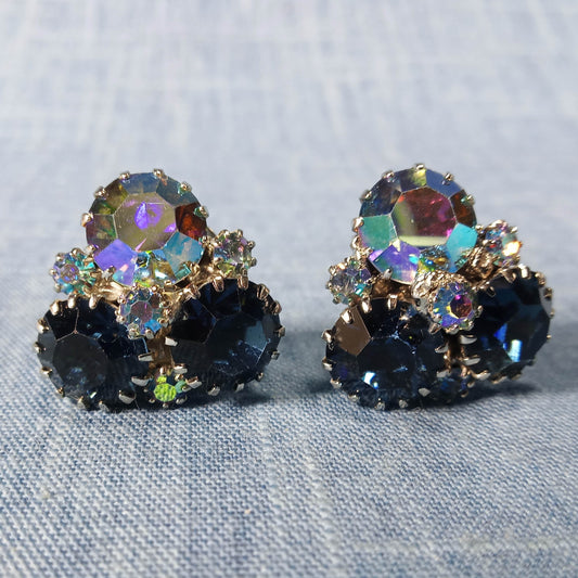 1950s Vintage Earrings with Blue and Aurora Borealis Rhinestones by Weiss