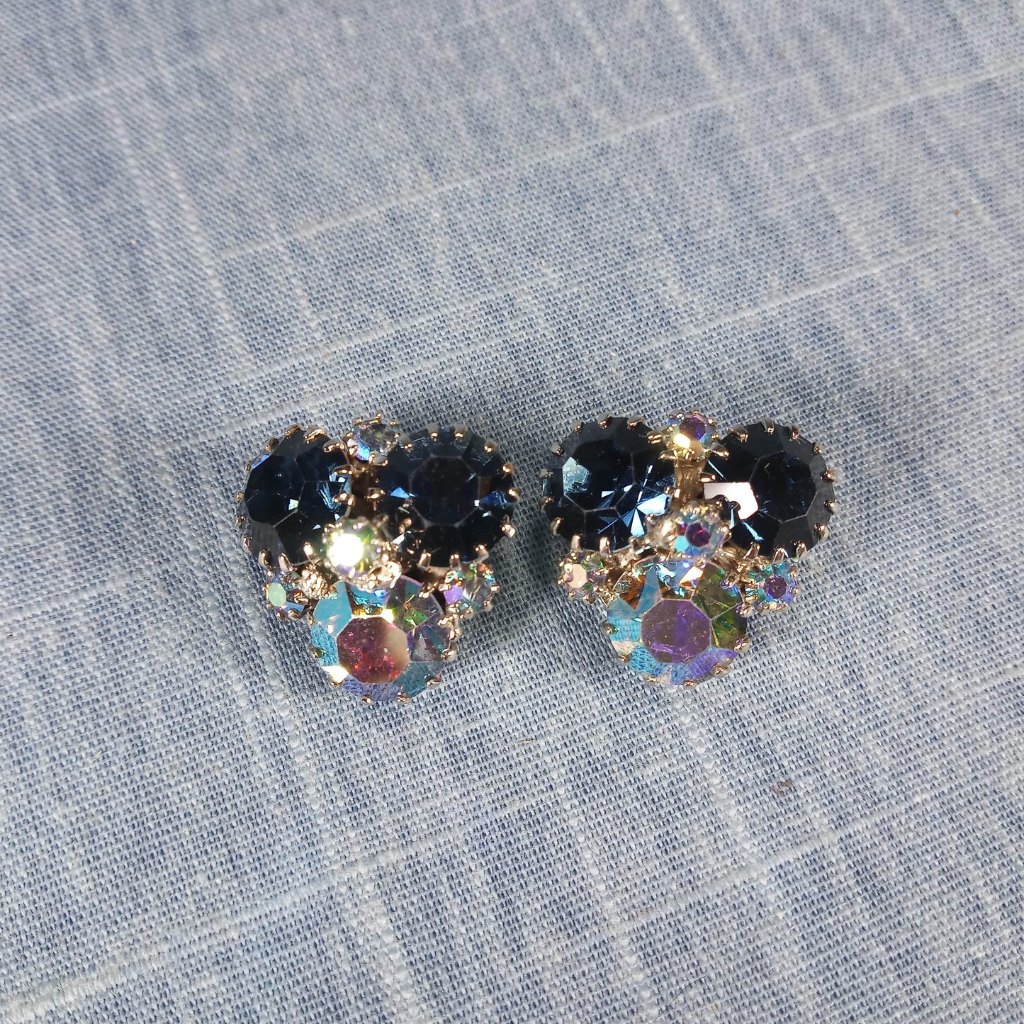 1950s Vintage Earrings with Blue and Aurora Borealis Rhinestones by Weiss