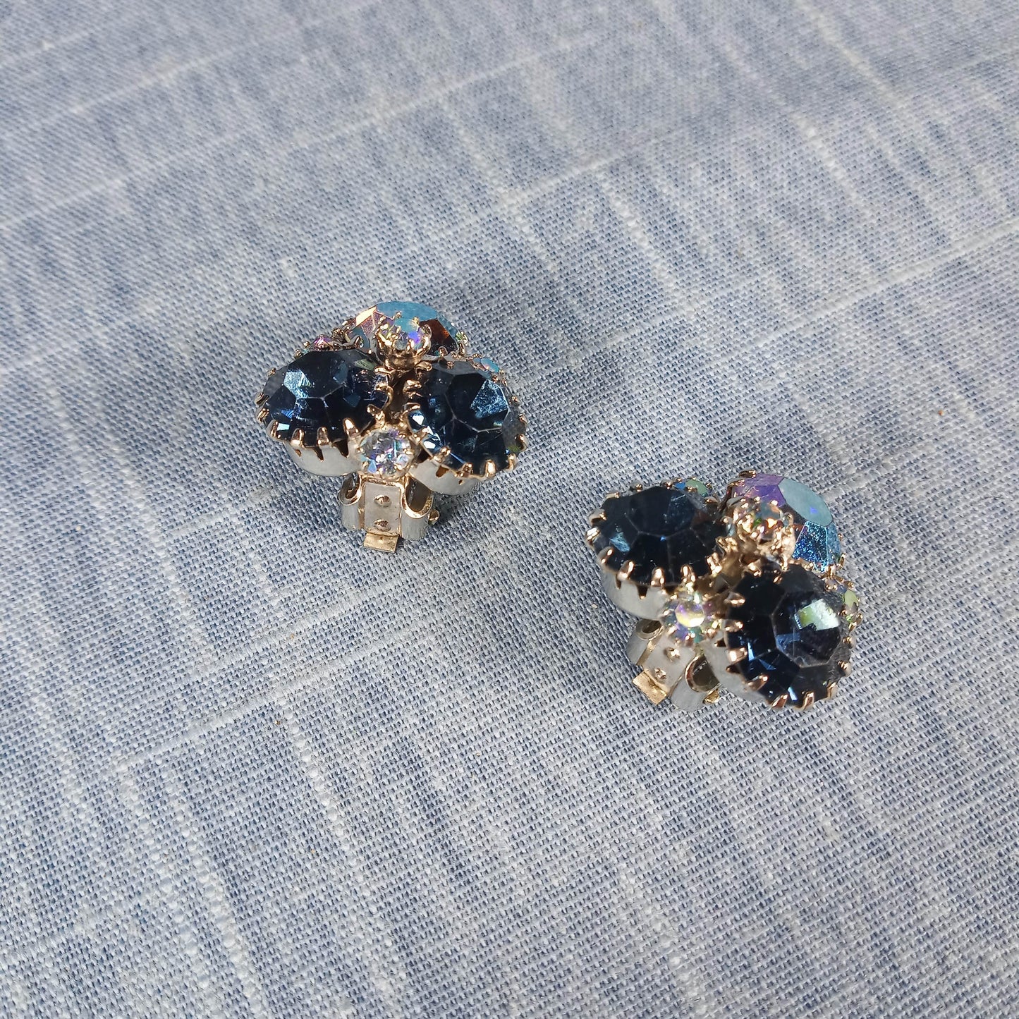 1950s Vintage Earrings with Blue and Aurora Borealis Rhinestones by Weiss