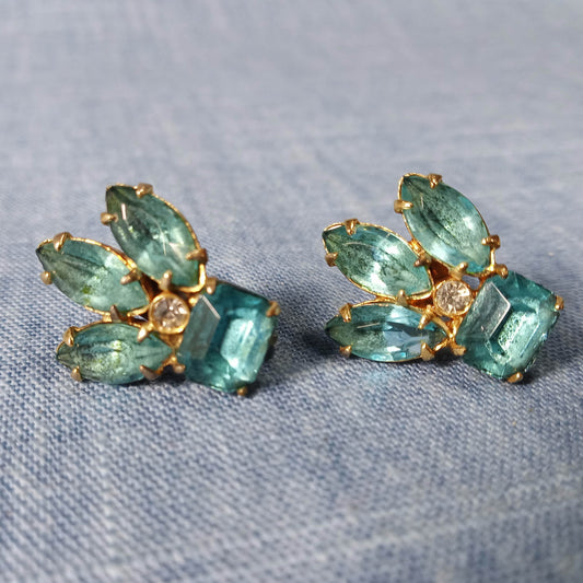 1960s Vintage Clip Earrings with Aqua Blue Rhinestones