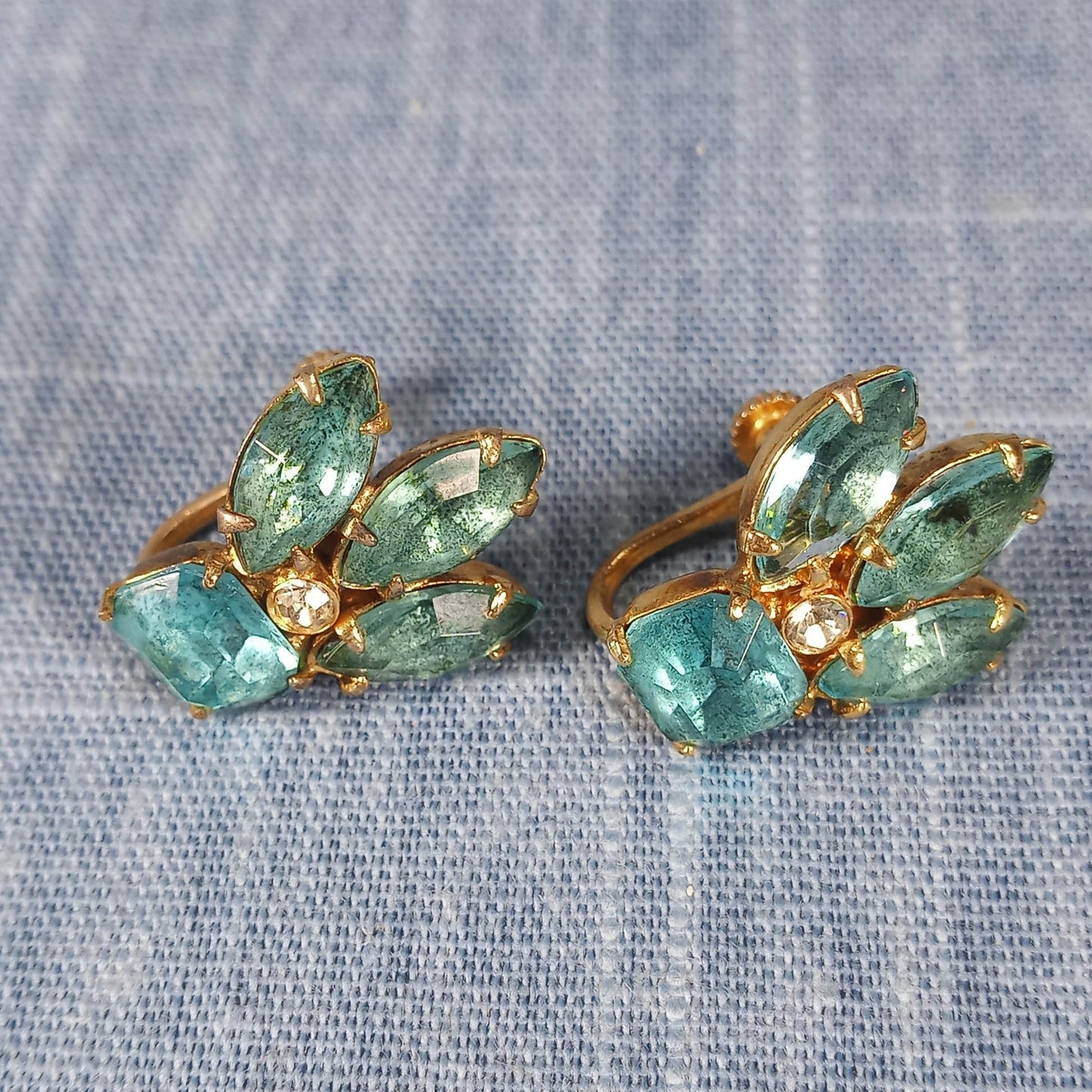 1960s Vintage Clip Earrings with Aqua Blue Rhinestones