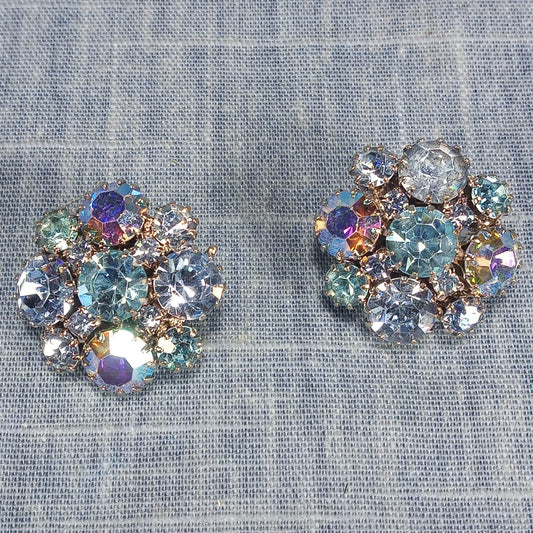 1950s Vintage Clip Earrings: Cluster Dome Design with Aurora Borealis Rhinestones