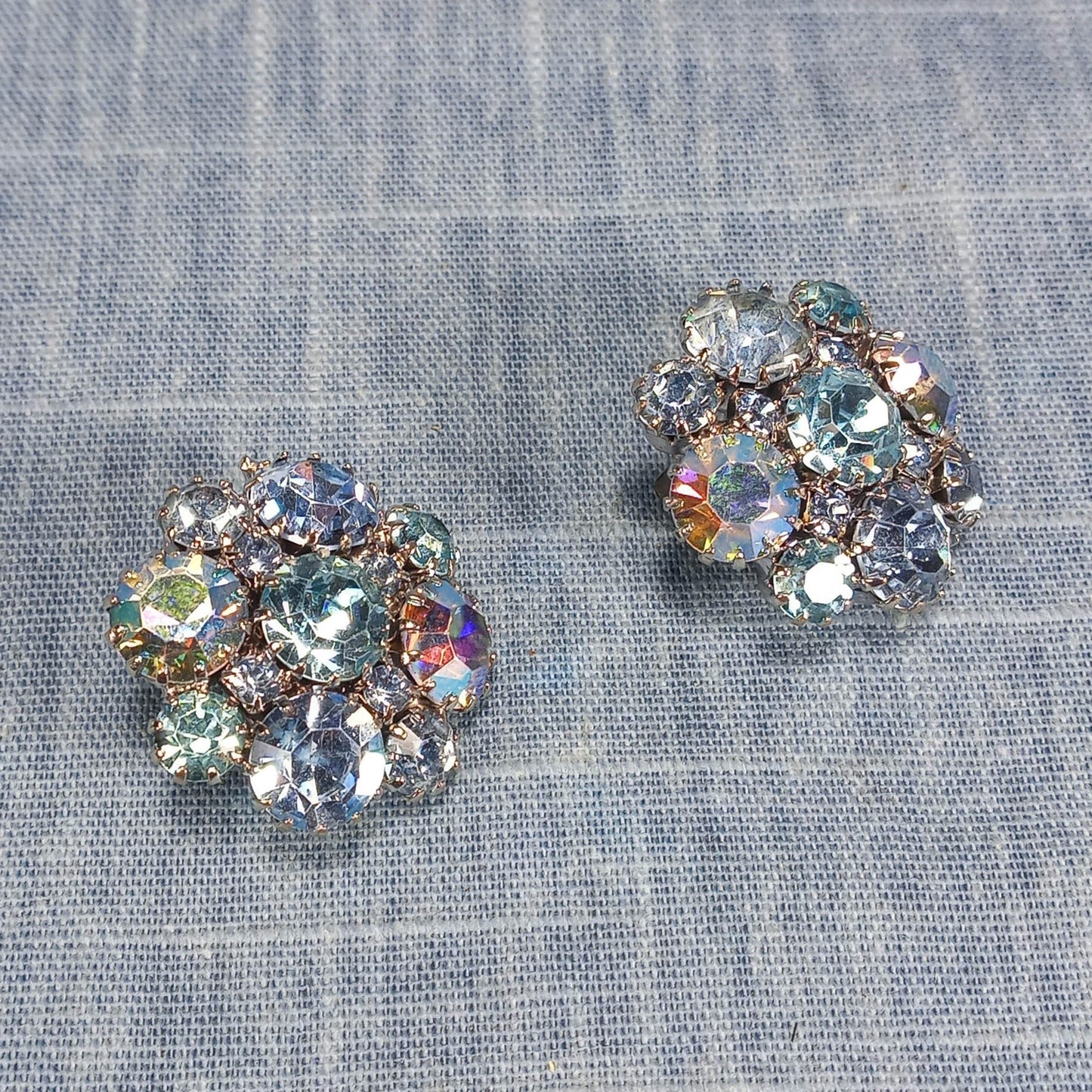 1950s Vintage Clip Earrings: Cluster Dome Design with Aurora Borealis Rhinestones