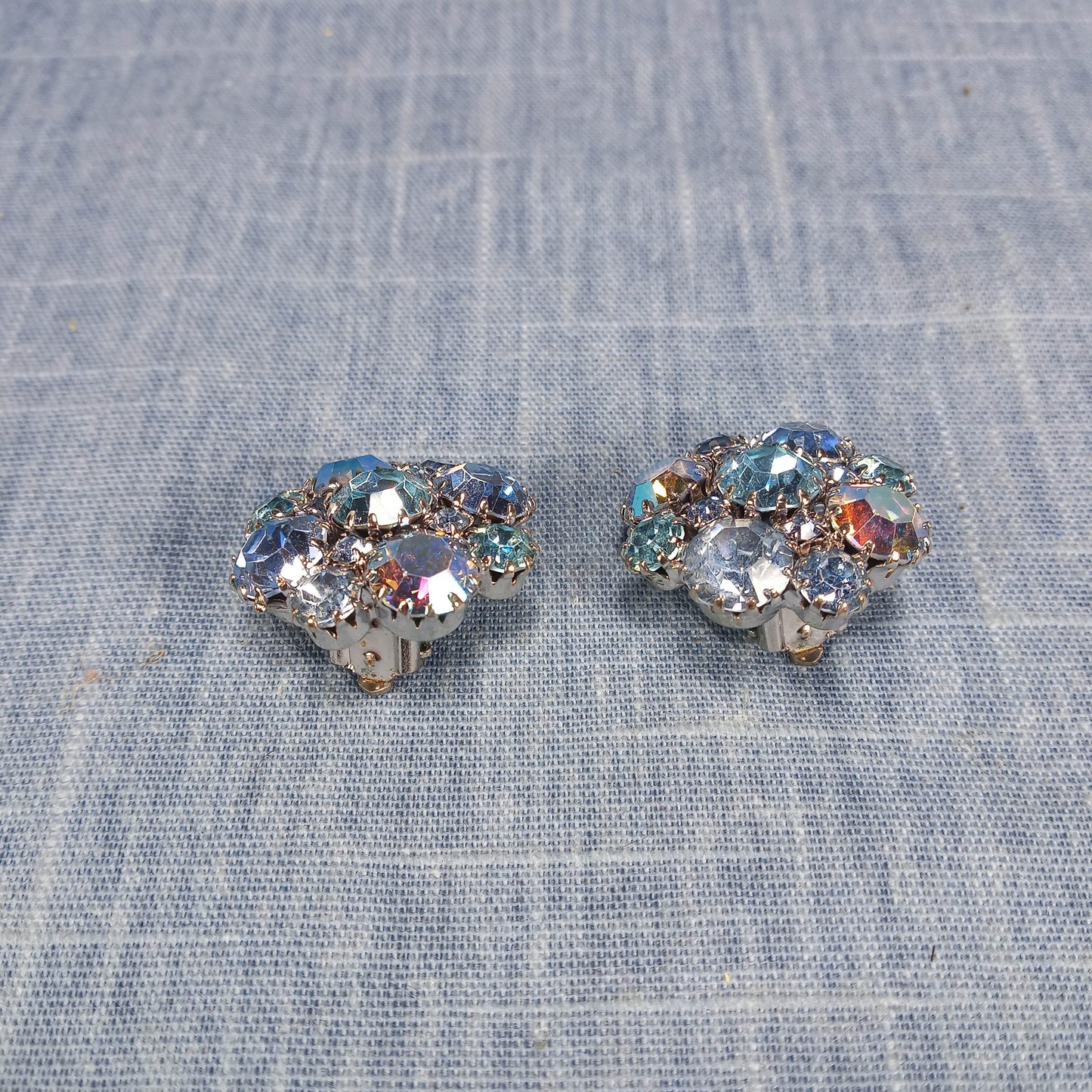 1950s Vintage Clip Earrings: Cluster Dome Design with Aurora Borealis Rhinestones