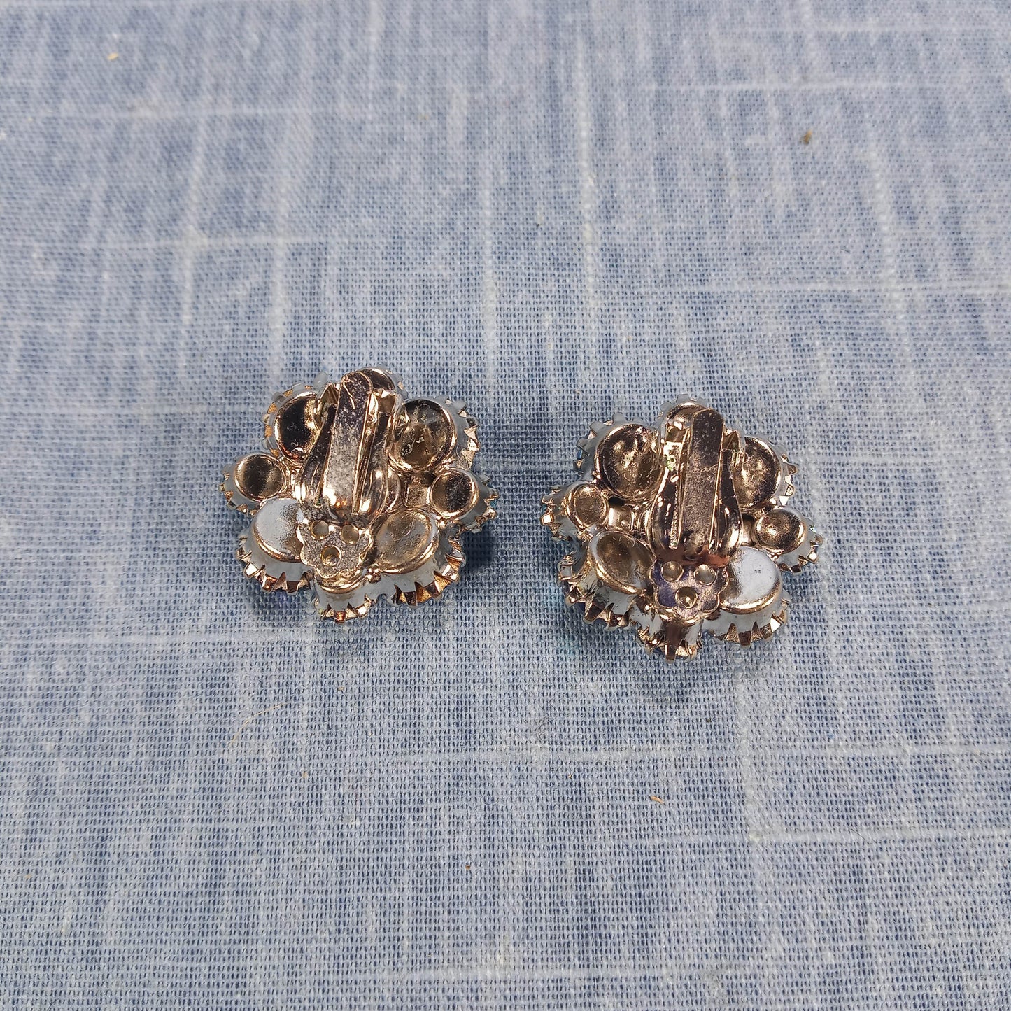 1950s Vintage Clip Earrings: Cluster Dome Design with Aurora Borealis Rhinestones