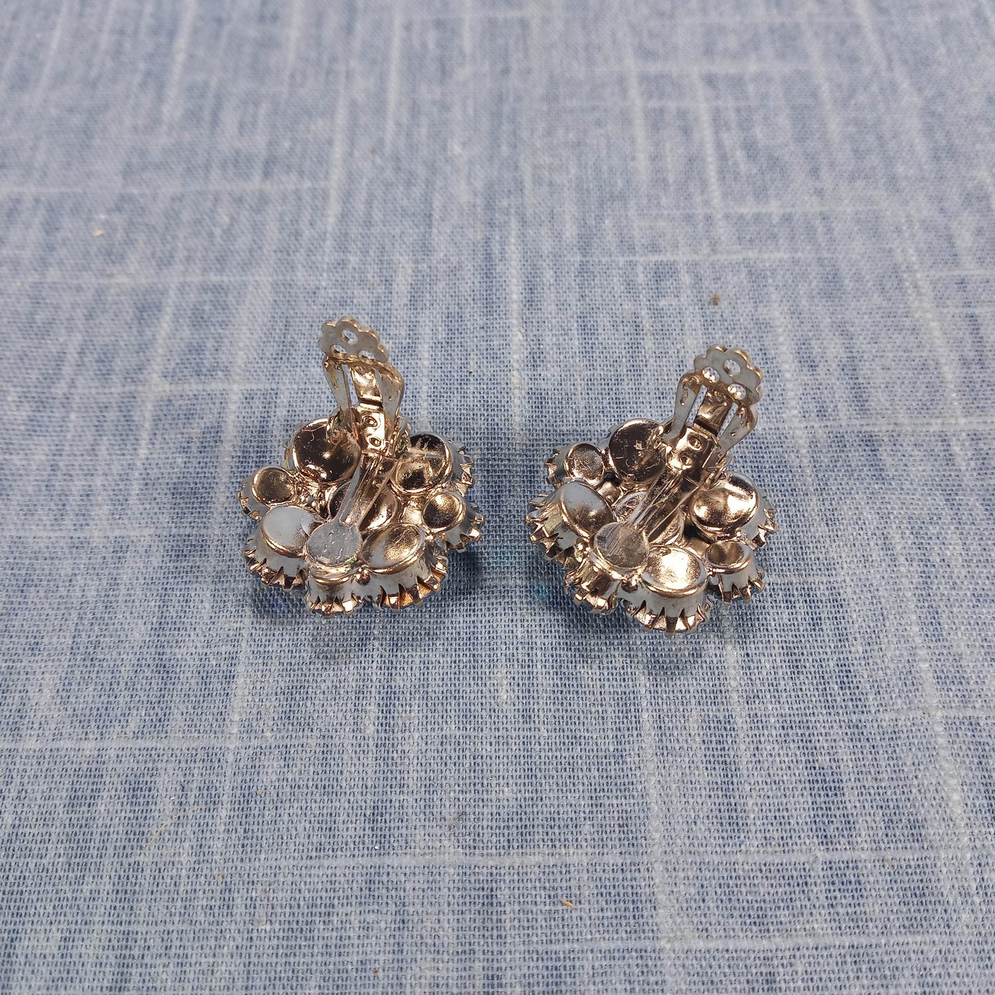 1950s Vintage Clip Earrings: Cluster Dome Design with Aurora Borealis Rhinestones