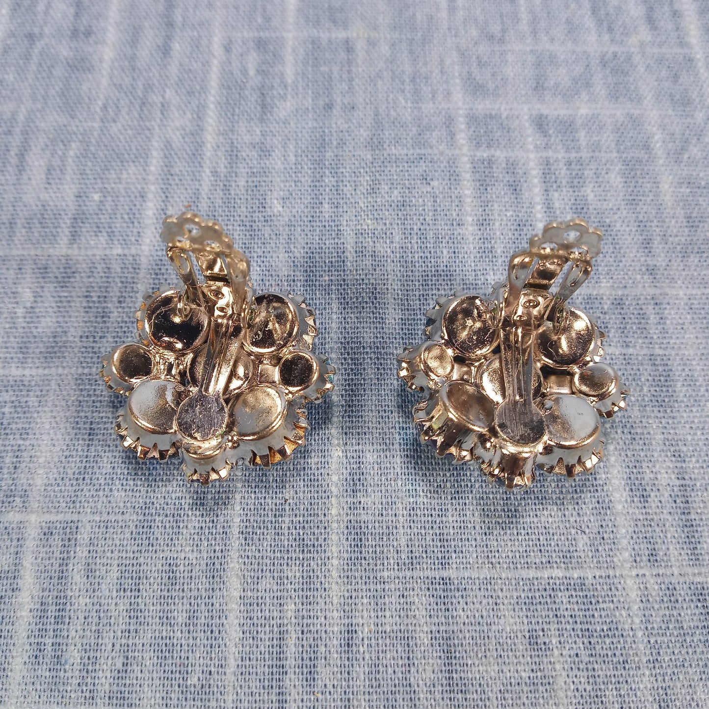 1950s Vintage Clip Earrings: Cluster Dome Design with Aurora Borealis Rhinestones