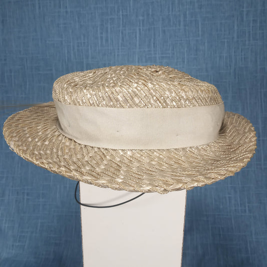 1940s Vintage Rattan Boaters Hat with Ribbon