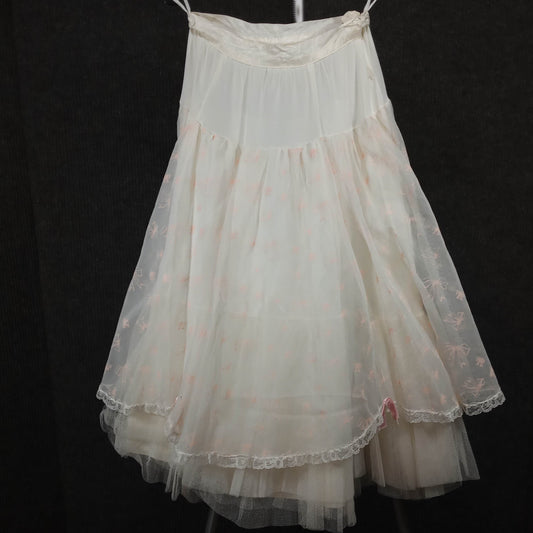 1950s Vintage White and Pink Bow Print Multi Layered Crinoline