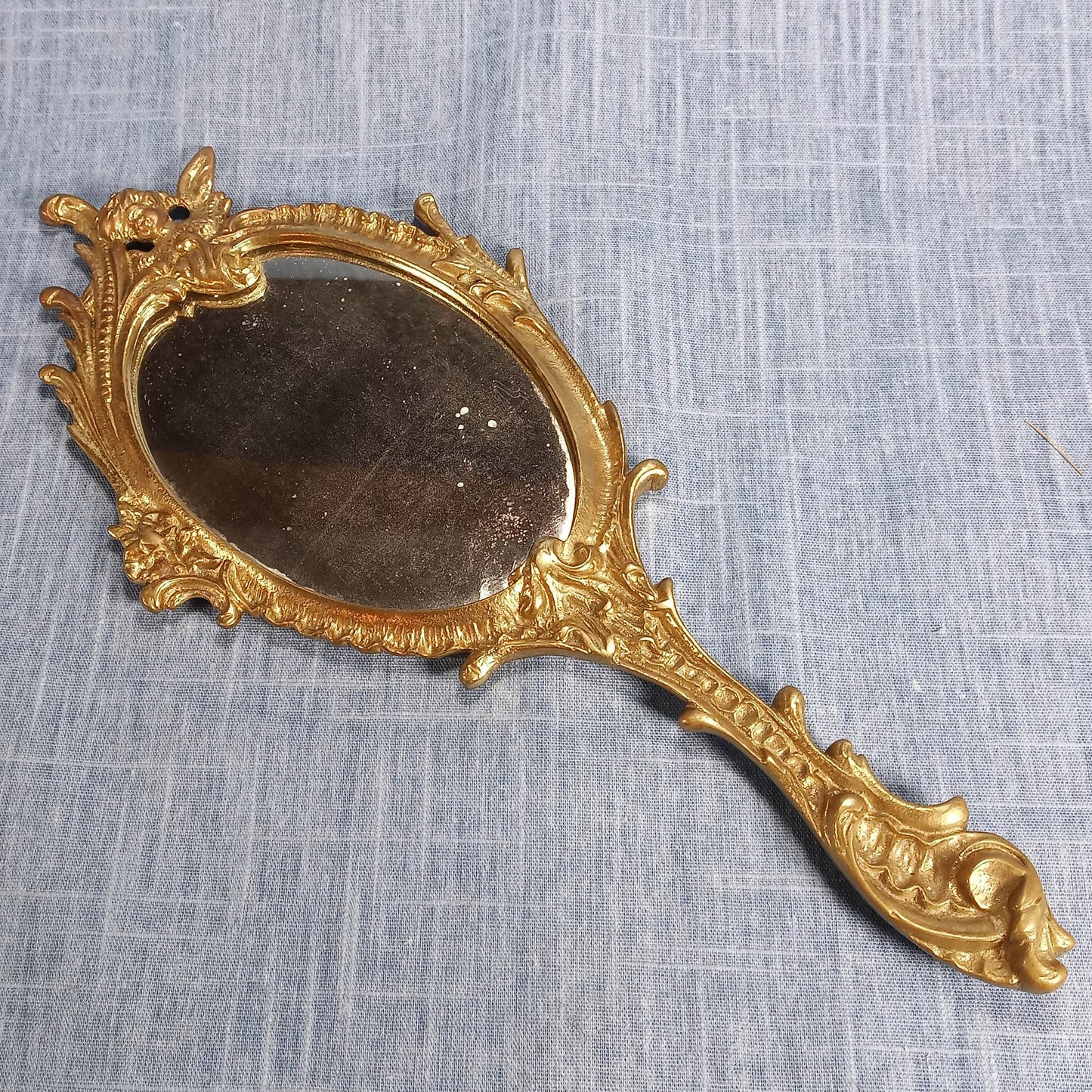 Early 20th Century Hand Mirror: Ornate Gold Tone Cast Metal w Screw on Back