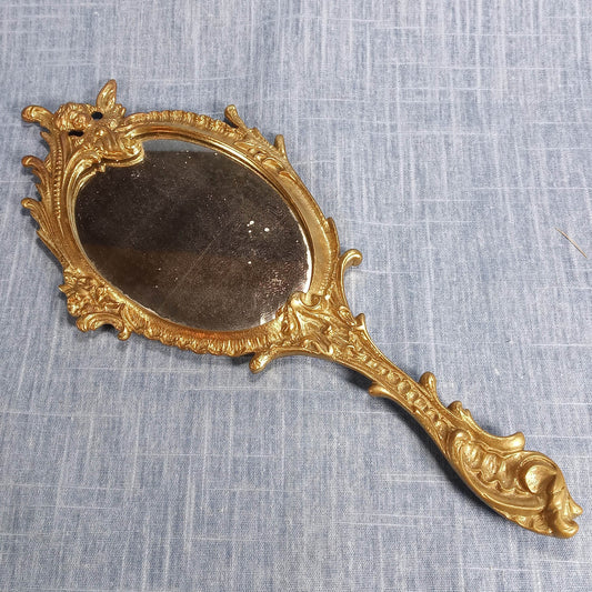 Early 20th Century Hand Mirror: Ornate Gold Tone Cast Metal w Screw on Back