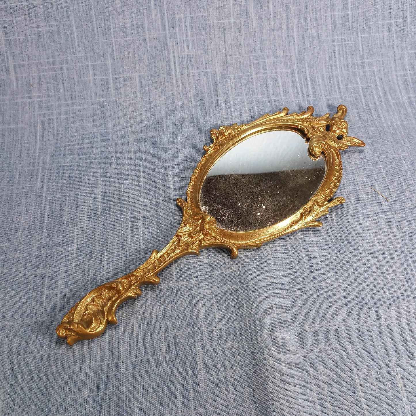 Early 20th Century Hand Mirror: Ornate Gold Tone Cast Metal w Screw on Back