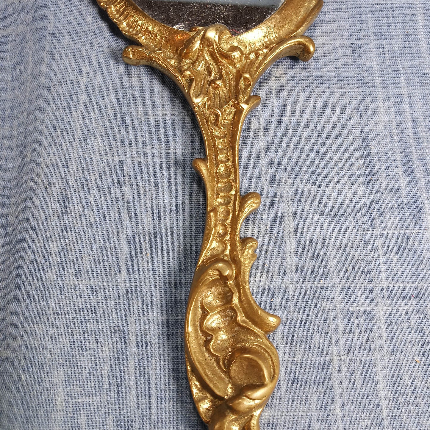 Early 20th Century Hand Mirror: Ornate Gold Tone Cast Metal w Screw on Back