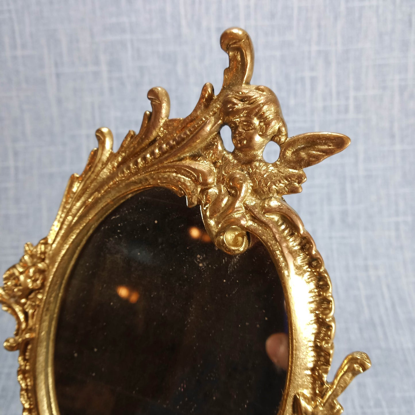Early 20th Century Hand Mirror: Ornate Gold Tone Cast Metal w Screw on Back