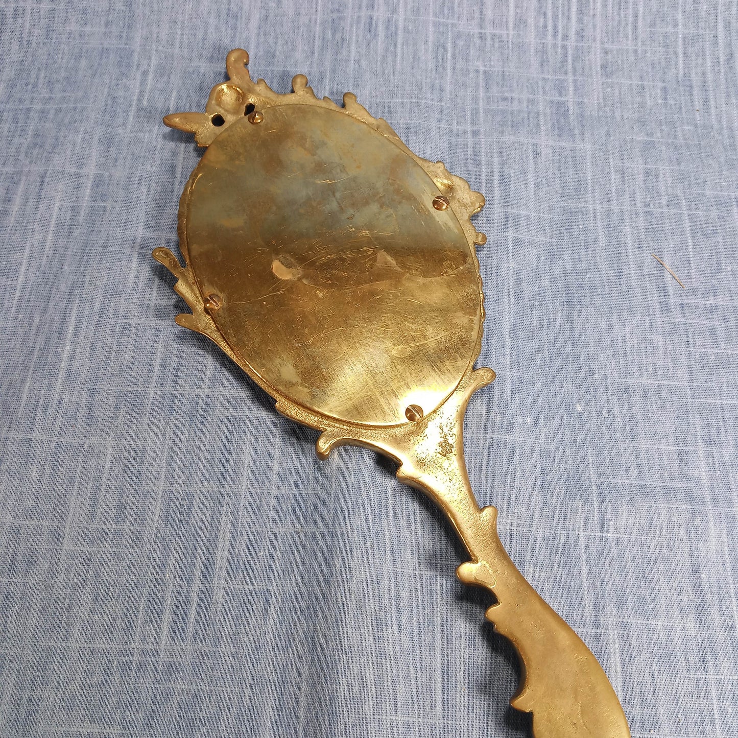 Early 20th Century Hand Mirror: Ornate Gold Tone Cast Metal w Screw on Back