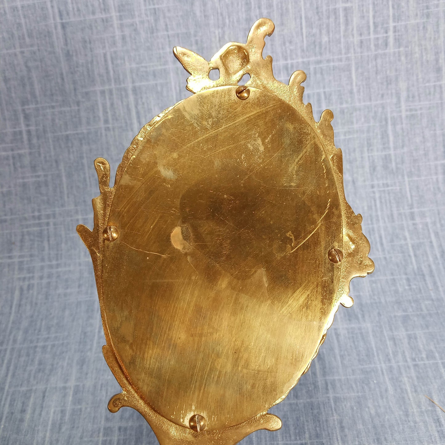 Early 20th Century Hand Mirror: Ornate Gold Tone Cast Metal w Screw on Back