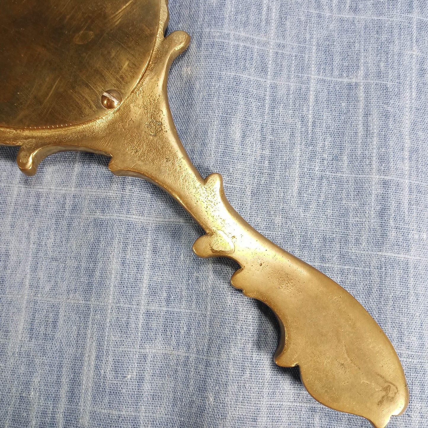 Early 20th Century Hand Mirror: Ornate Gold Tone Cast Metal w Screw on Back