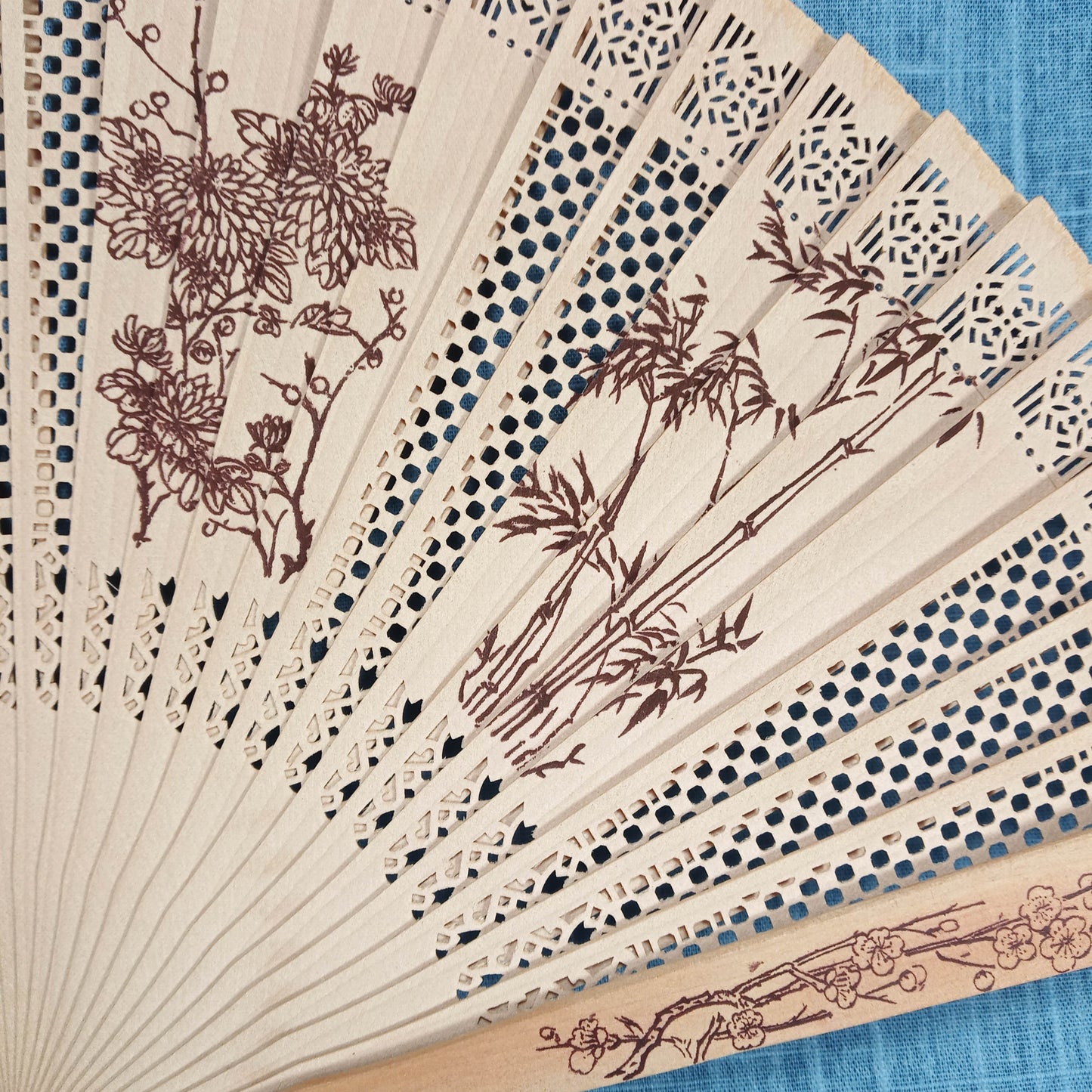 1950s Vintage Japanese Wood Fan With Imprinted Flowers