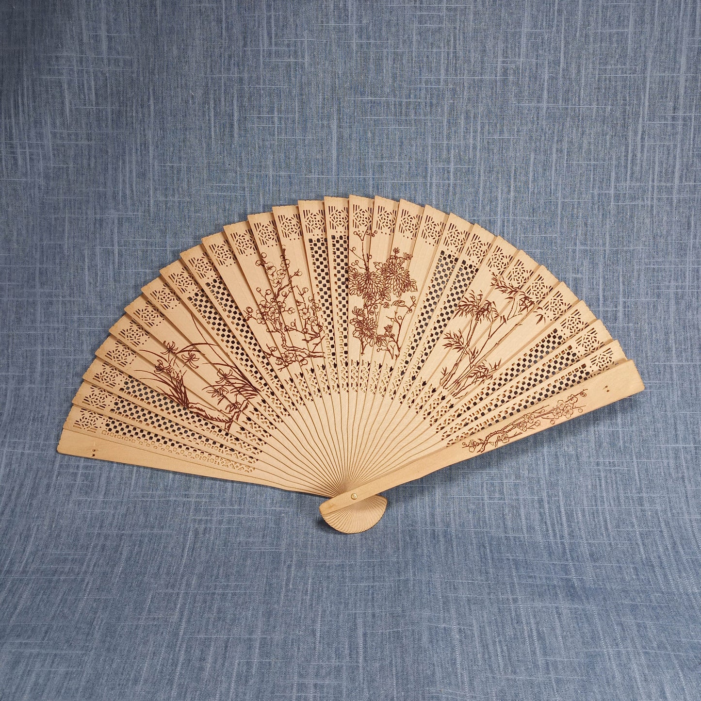 1950s Vintage Japanese Wood Fan With Imprinted Flowers