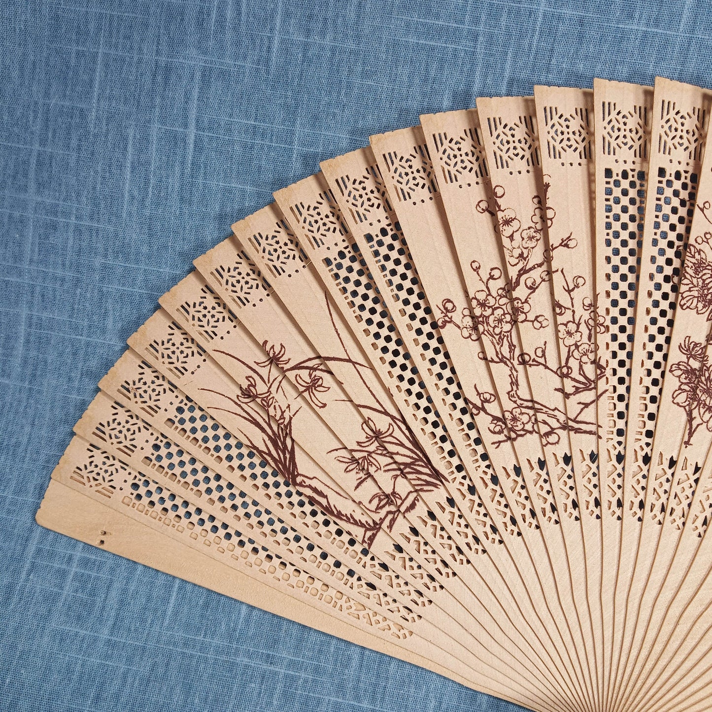 1950s Vintage Japanese Wood Fan With Imprinted Flowers
