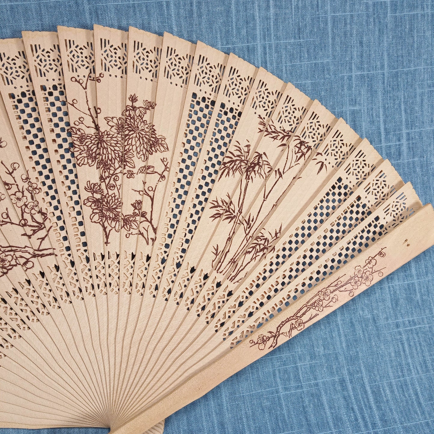 1950s Vintage Japanese Wood Fan With Imprinted Flowers