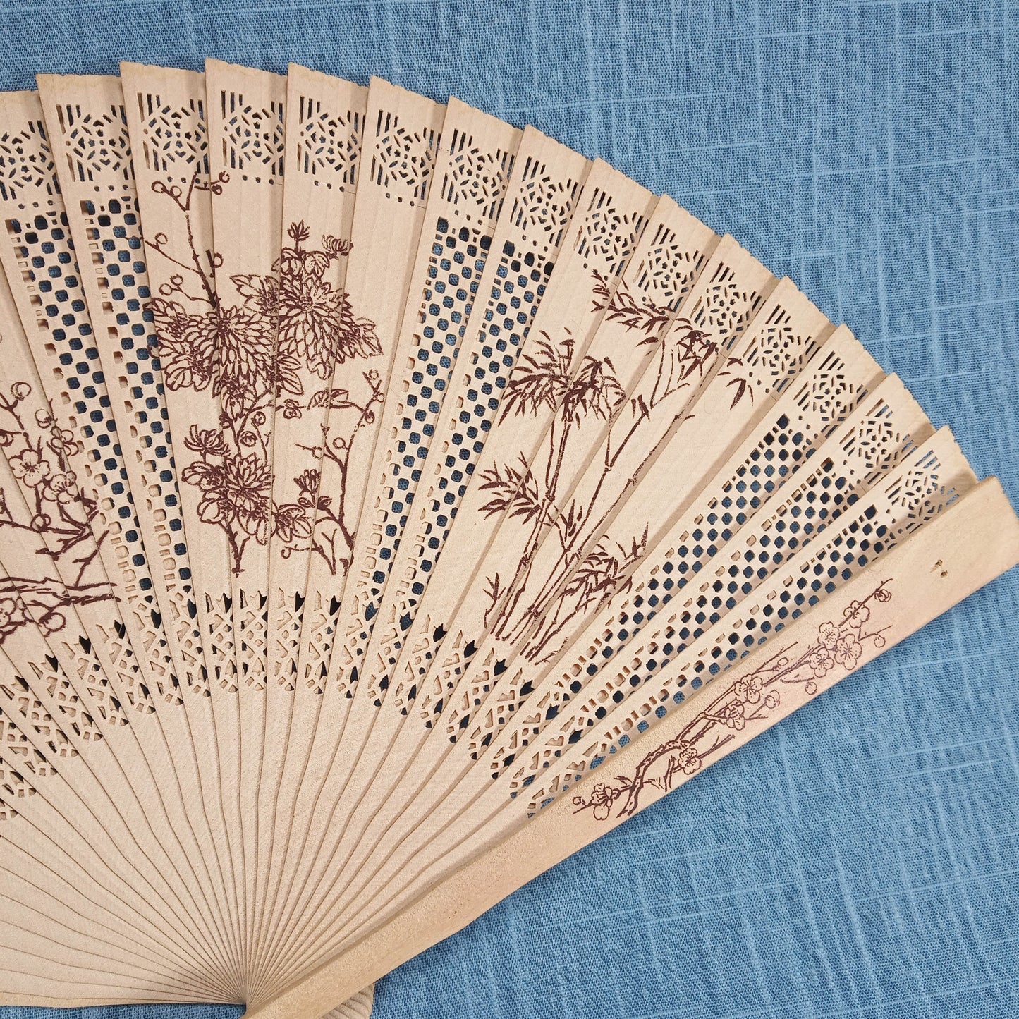 1950s Vintage Japanese Wood Fan With Imprinted Flowers