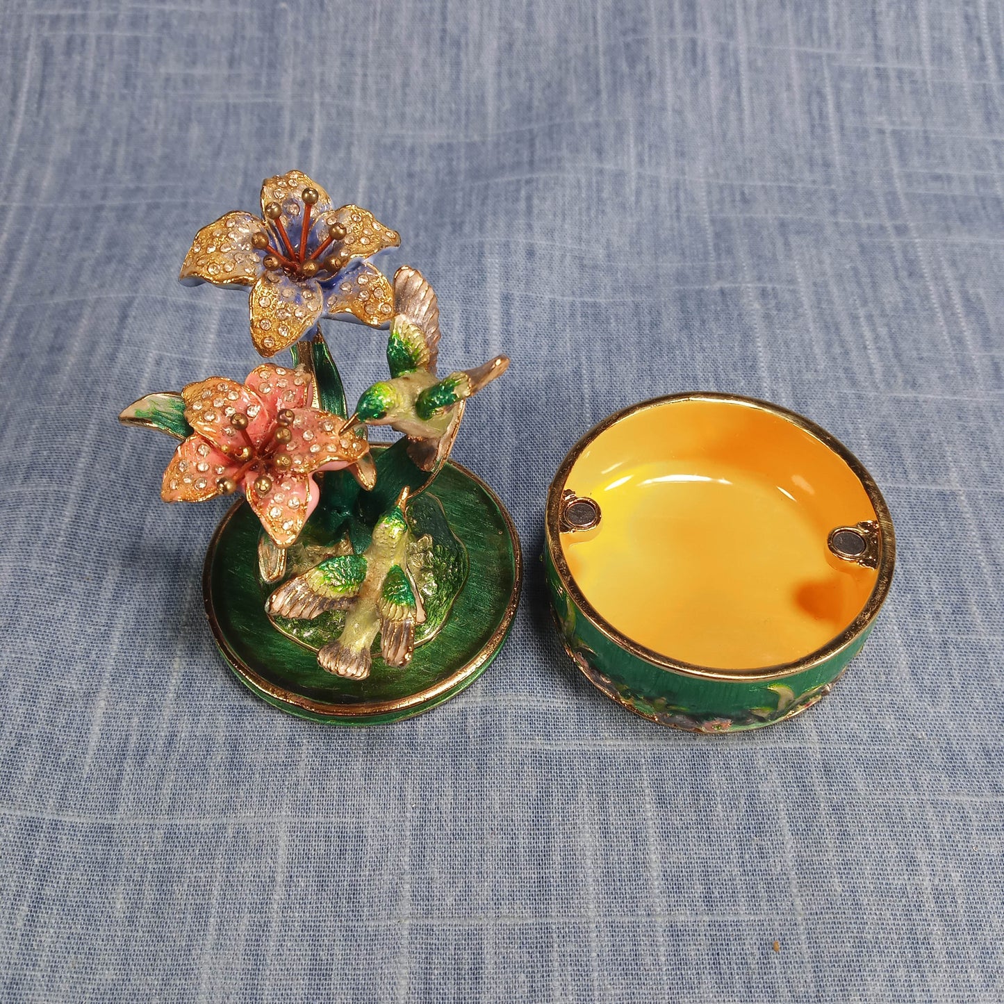 1990s Vintage Keepsake Holder: Flowers and Humming Birds in Green and Pink Enamel